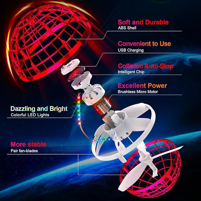 Flying Orb Ball (Red, 2025 Upgraded) with Dazzling Lights, Magic Hover Spinner, Cool Boomerang Drone, Floating Cosmic Globe, Kids Outdoor Toys, for 6 7 8 9 10 Year Old Boys Girls