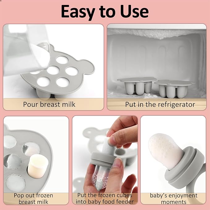 JEXFUN Baby Fruit Food Feeder & Mini Freezer Nibble Tray Combo, Breastmilk Popsicle Molds for Baby Cooling Relief, BPA Free Silicone Feeder for Safe Infant Self Feeding, 4 Month+ (Light Grey)