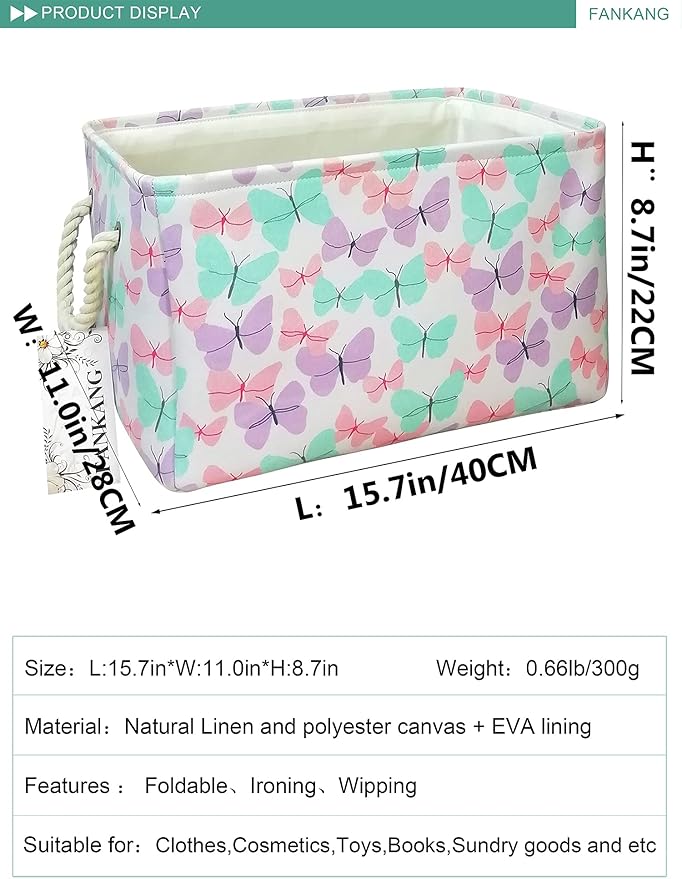FANKANG Rectangular Laundry Basket Nursery Storage Fabric Storage Bin Storage Hamper,Gift Baskets (Butterfly)