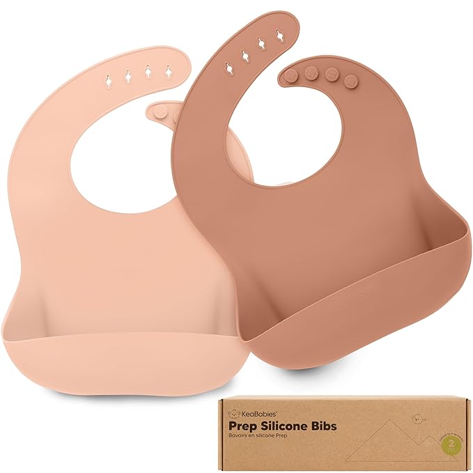 KeaBabies 2-Pack Silicone Baby Bibs for Eating - Sturdy Food-Grade Silicone Bibs for Babies Girl, Boy, Large Food Catcher, Clean & Put On Easily, Waterproof Toddler Feeding Essentials (Dusk)