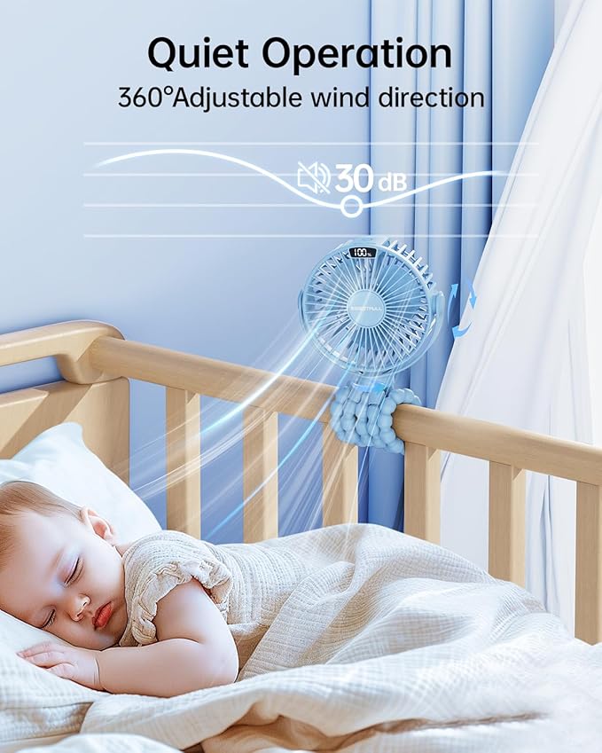 SWEETFULL Portable Stroller Fan with Display 4000mAh Battery Powered Mini Clip On Fan, 4-Speed Rechargeable Small Personal Cooling for Baby Car Seat Crib Travel - Blue