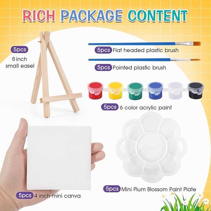 ESRICH 5 Set Mini Acrylic Paint Set,Minis Canvas Painting Kit,St. Patrick's Party Gifts,4 * 4in Canvas with Easel,Acrylic Paints,Brush,Palette,Mini Easel with Canvas for Kids Adults Painting Party