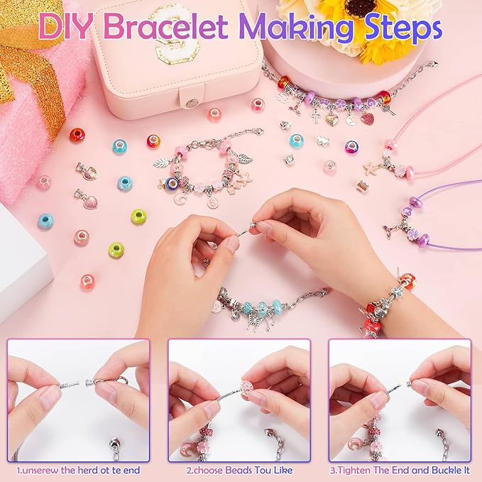 Charm Bracelet Making Kit with Bracelet Organizer Box Beads Mermaid Pendants for Jewelry Making DIY Craft Kit for Birthday Gifts Valentine Christmas