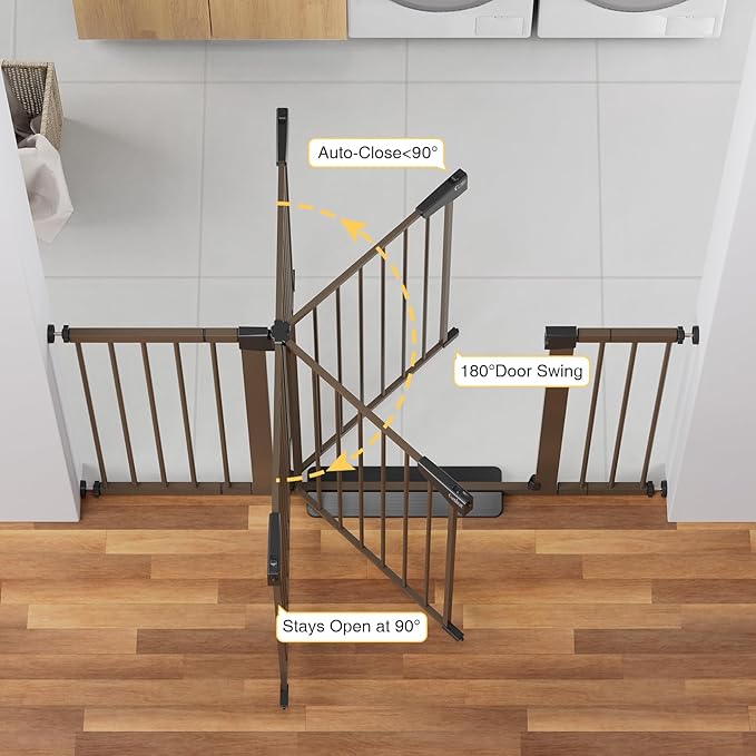 Cumbor 29.7-54.2" Wide Baby Gate for Stairs, Mom's Choice Awards Winner-Self Closing Dog Gate Indoor for Doorways, No Drilling Pressure Mounted Pet Gates for Kids, Easy Walk Through Safety Gate, Brown