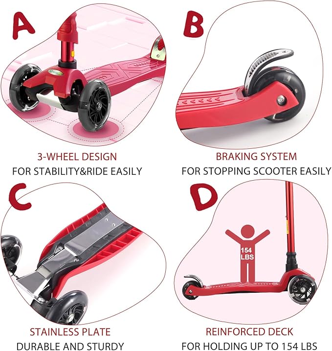 3 Wheel Scooter for Kids Ages 6-12,Kids Scooter with Light Up Wheels, Sturdy Deck Design, and 4 Height Adjustable Suitable for Kid Ages 3-12