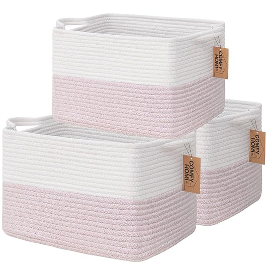 COMFY-HOMI 3PACK Cotton Rope Square baske with Handles for Shelves|Dog Toy baske Bin and Storage|Baby baske for Gift|Shoe baske for Organizing|13.5" x 11" x 9.5" for Living Room（White/Pink）