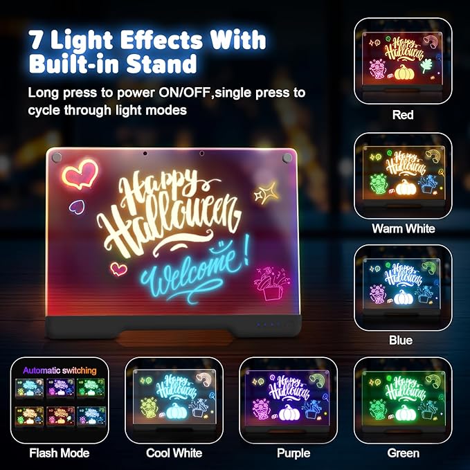 16-Inch Rechargeable Doodle Glow LED Note Board, 7-Color Light Modes, Neon Art Dry Erase Light Up Drawing Pad with Built-in Stand, Sketching Gift Toy for Kids/Girls/Teens, 5 Markers & Tracing Book