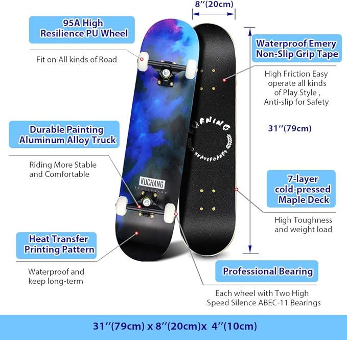 Easy_Way Complete Skateboards- Standard Skateboards for Beginners Kids Boys Girls Teenager- 31''x 8''Canadian Maple Cruiser Pro Skate Board, Skateboards