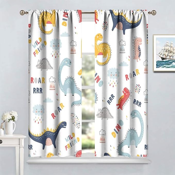 Cartoon Dinosaur Curtains for Kids Boys Girls Home Decor Colorful Cute Dino Animals Print Pattern Rod Pocket Blackout Window Drapes for Nursery Baby Bedroom Playroom W21xL54in 2 Panels