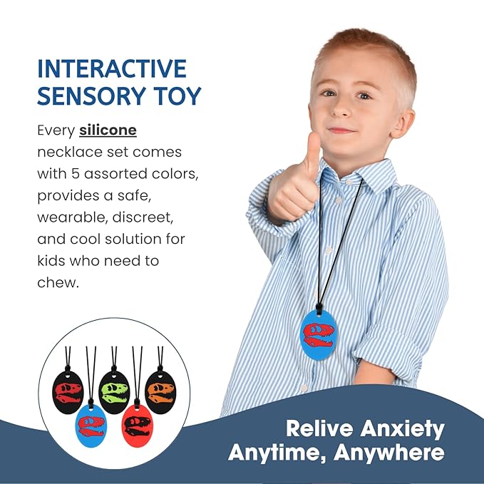 Chew Necklaces for Sensory Kids, Silicone Chewy Necklace, Oral Motor Chewy Teether Toys for Chewers with Autism, ADHD, SPD, or Biting Needs, 5 Colors