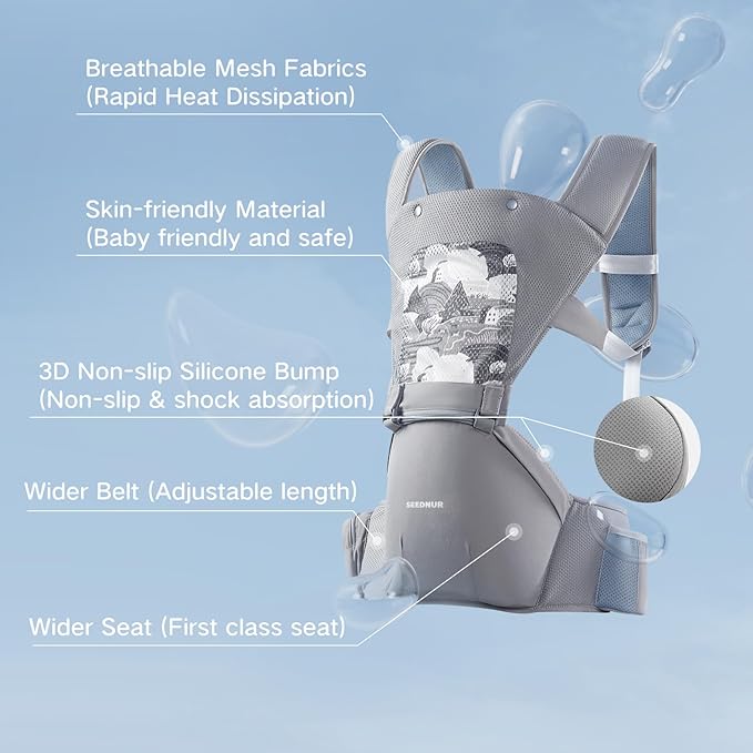 Baby Carrier with Hip Seat, SEEDNUR 6-in-1 Baby Carrier Newborn to Toddler, Ergonomic & Lightweight Toddler Carrier, Adjustable Baby Holder Carrier to Hands-Free Perfect for Travel and Shopping