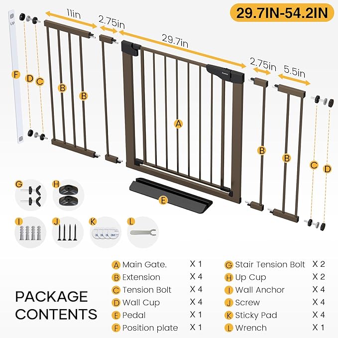 Cumbor 29.7-54.2" Wide Baby Gate for Stairs, Mom's Choice Awards Winner-Self Closing Dog Gate Indoor for Doorways, No Drilling Pressure Mounted Pet Gates for Kids, Easy Walk Through Safety Gate, Brown
