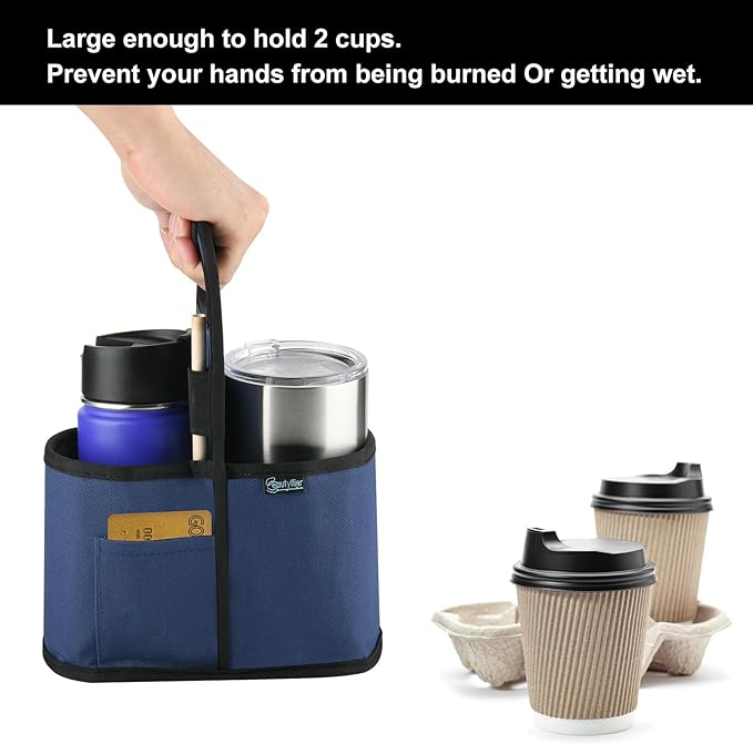 Beautyflier Drink Carrier with Handle for Delivery Reusable Insulated Coffee Cup Carrier Portable Cup Holder with Handle Organizer Tote Bag for Hot & Cold Drinks (2 Cup, Blue)