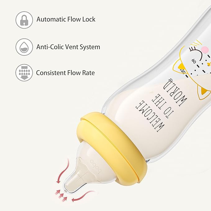 YOHKOH Natural Glass Baby Bottle with Natural Response Nipple, Newborn Anti-Colic Baby Bottles, Wide Neck Mushroom Cap Baby Bottle, Clear (8.8ounce (Pack of 2), Yellow1)