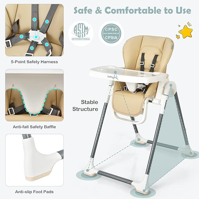 BABY JOY High Chair for Babies & Toddlers, Foldable High Chair w/Adjustable Height/Backrest/Footrest, Double Removable Tray, Book Holder & Storage Bag, Highchair for 6-36 Months Girls Boys (Beige)