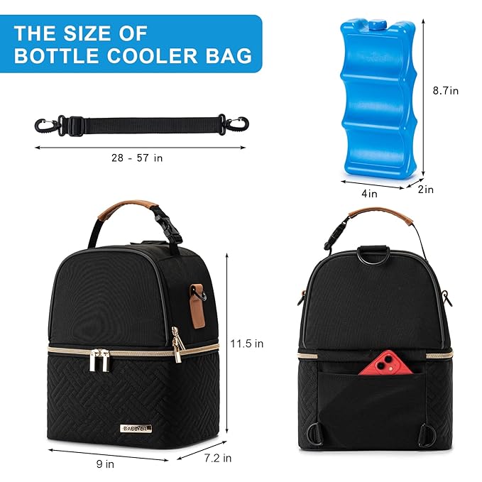 Breastmilk Cooler Bag with Ice Pack Fits 6 Baby Bottles up to 9 Ounce, Breast Milk Pump Cooler Bag with Shoulder Strap for Nursing Mom Daycare, Work, Travel- Black