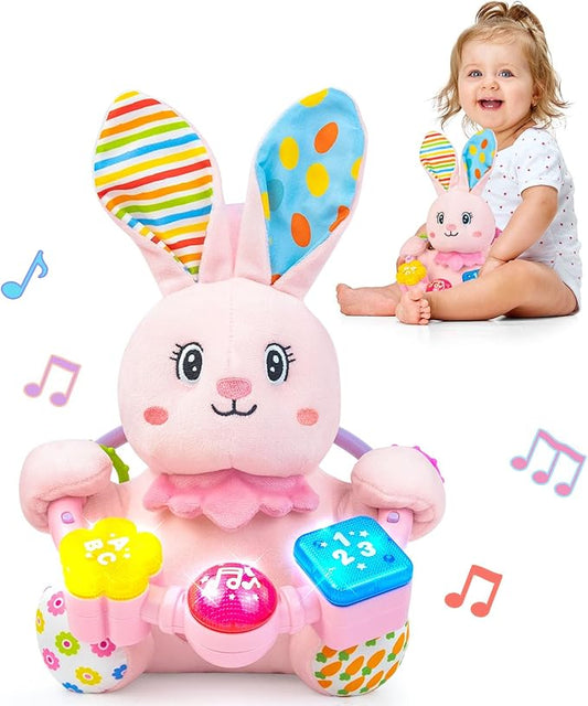 Baby Rabbit Musical Stuffed Animals Toy,Infant Bunny Bilingual Early Learning Education Toy with Light-Up Music & Crinkle,1st Easter Basket Shower Stuffers for 0 1 2 3 6 9 12 18 Month Girl,Pink