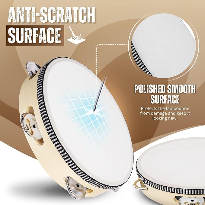 Flexzion Wood Handheld Tambourines - 8 and 6 Inch Set of 2 Pack, with Single Row Metal Jingle Bell (Wood) Hand Held Tambourine Percussion Drum Moon Musical Instrument