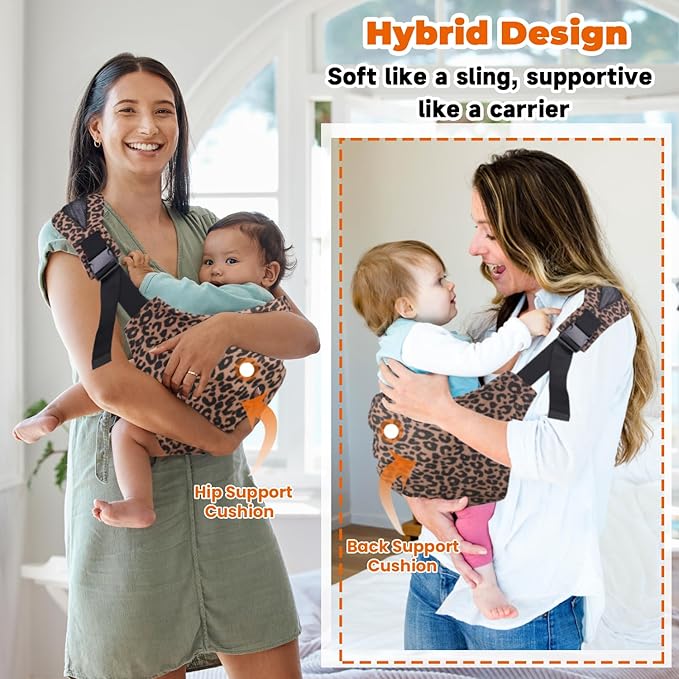 Baby Sling Carrier Adjustable Baby Sling 2025 Upgraded Toddler Sling Comfortable Baby Wrap Carriers Ergonomic-Designed, Travel Friendly Carrying 10-45 LbsLeopard