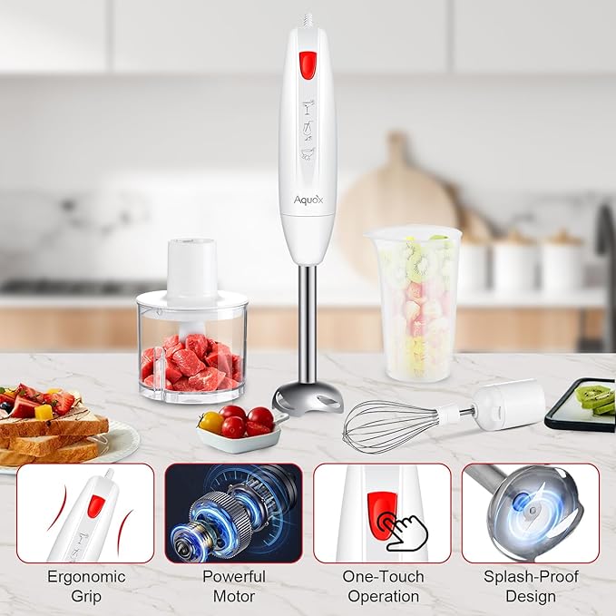 Immersion Blender 4 in 1, 16000rpm Speed, 400W Turbo Motor & Ergonomic Grip Hand Blender Set, Splash-Proof Stainless Steel Blades, for Soup, Baby Food, Smoothies, Sauce (Red+Ivory)
