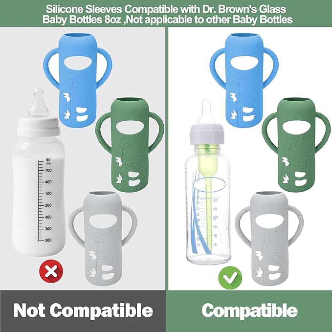 BUSOHA 3 Pack Silicone Sleeves for Dr. Brown's Glass Baby Bottles - Drop Protection Baby Bottle Sleeves Compatible with Dr. Brown's Newborn Glass Bottles with Silicone Handles,8 oz