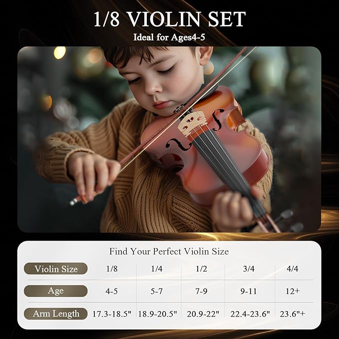 1/8 Beginner Violin Kit, Complete Violin Set with Case, Bow, Rosin, Natural Finish