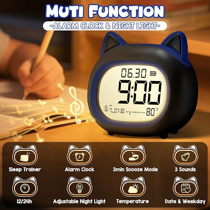 Kids Alarm Clock with Night Light for Kids, Small Digital Alarm Clocks for Bedrooms, Routine Builder, Cute Cat Alarm Clock with Sleep Training, Snooze, 12/24H, Date & Day, Temperature, USB Port