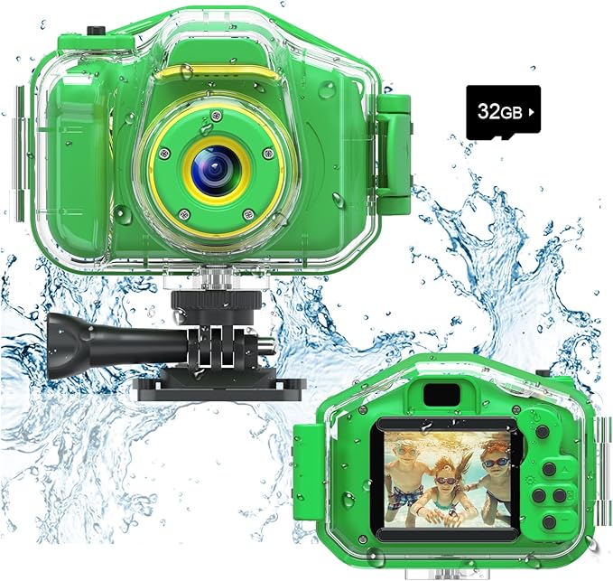 Agoigo Kids Waterproof Camera - Children Underwater HD Video Digital Camcorder, Portable Travel Toy for Toddler - Ideal Christmas Birthday Gifts for Boys Girls Age 3-12 with 32GB Card (Green)