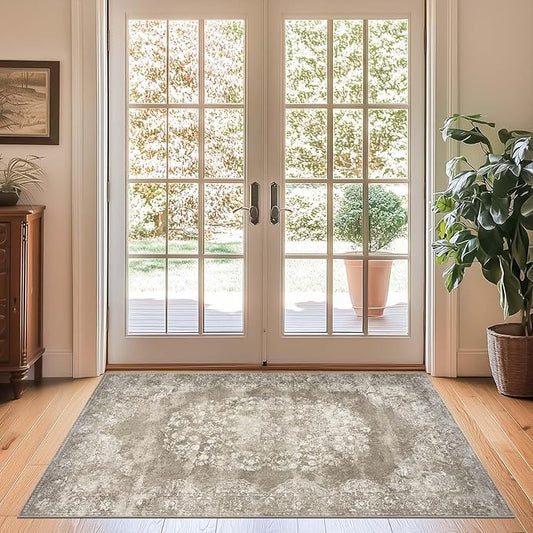 jinchan Washable Area Rug 3x5 Entryway - Soft Distressed Vintage Floral Indoor Bedroom Rug Faux Wool Low Pile Small Oriental Accent Carpet for Kitchen,Entrance,Bedside,Dining Room(Brown,3'x5')