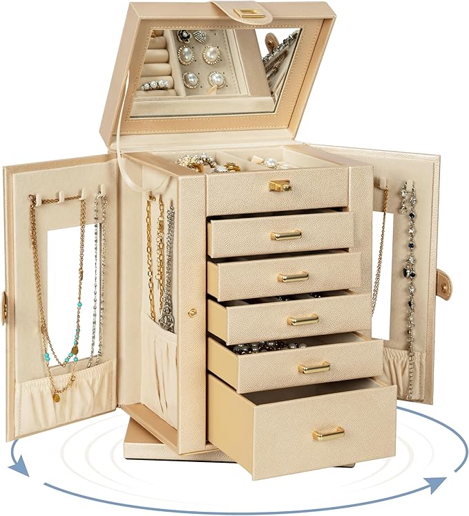 AKOZLIN Jewelry Box 6-Tier Organizer Functional 360° Rotating Jewelry Storage Case for Women Girls Ring Necklace Earring Bracelet Holder with Mirror
