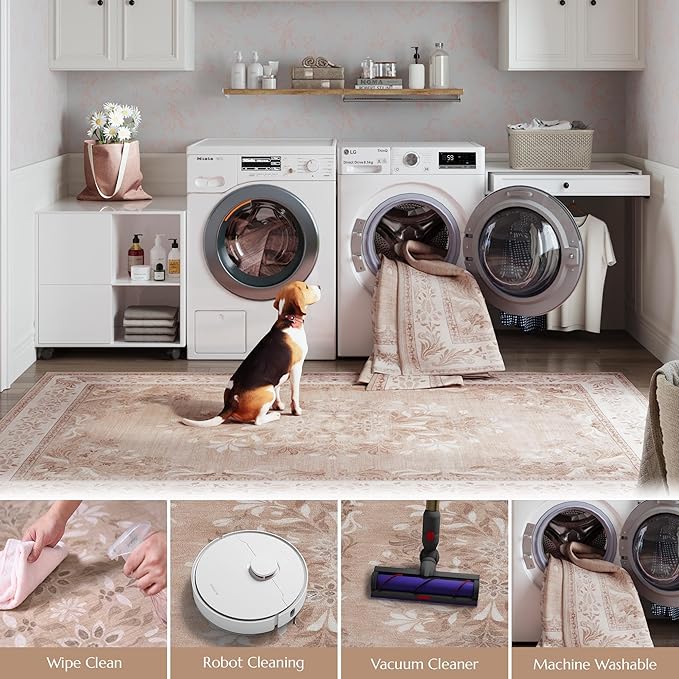 jinchan Vintage Floral Runner Rug 2x5 - Machine Washable Distressed Design Non-Slip Low-Pile Soft Thin Carpet for Hallway Kitchen Farmhouse Bedroom Entryway Laundry Room (2x5ft,Coral Pink)