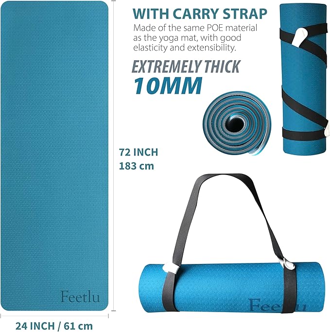 Extra Thick Exercise Yoga Mat with Strap - 2/5 Inch (10MM), Non-Slip Workout Mat for Yoga, Pilates, and Floor Exercises