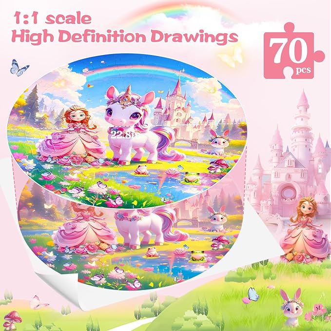 Floor Puzzles for Kids Ages 4-6, 70 Pieces Large Round Unicorn Princess Floor Puzzle Unicorn Jigsaw Puzzle Toy for 3 4 5 6 Toddler Girls - Educational Christmas, Birthday Gift