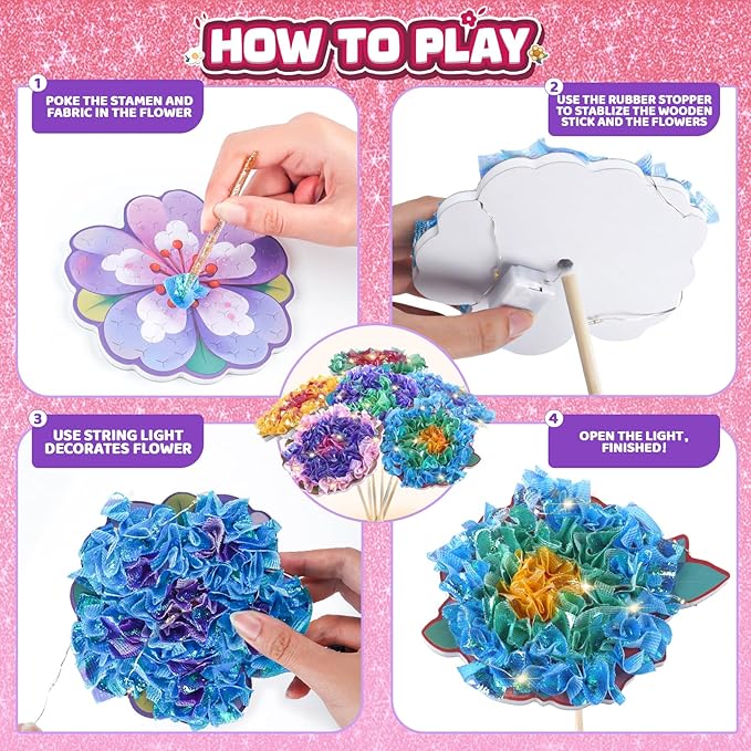 Flower Bouquet Art Craft Kit, Poke DIY Creative Activity Kit with with 6 Flowers & 6 Light Strings, Mess-Free Fun for Girls & Boys, Fun & Educational Kids Craft Gift for Girls Boys Ages 4, 5, 6, 7, 8+