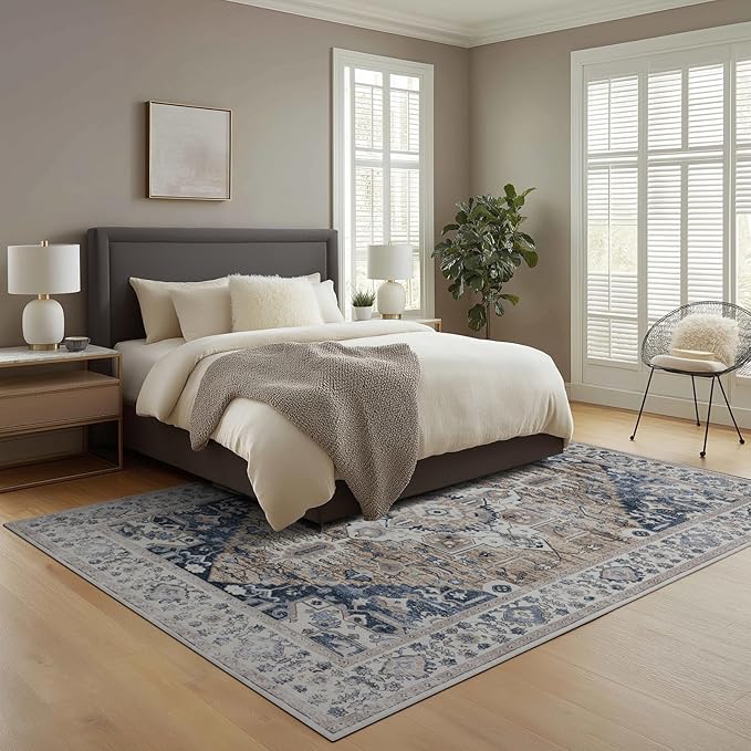 9x12 Area Rug Living Room Rugs, Stain Resistant Washable Rug, Vintage Large Non-Slip Backing, Low Pile Lightweight Print Rug for Bedroom Dinning Room Home Office (Taupe/Blue)