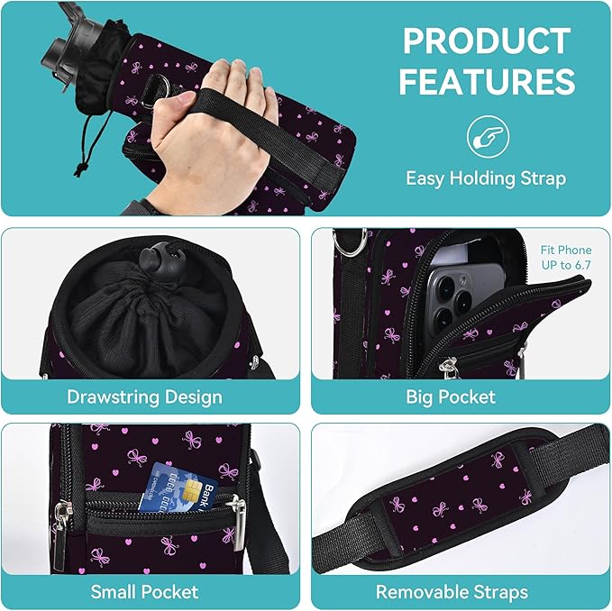 icolor Water Bottle Carrier Bag with Strap 25/32/40 oz Crossbody Bottle Holder with Phone Pocket Sling Sleeve Insulated Neoprene Water Bottle Pouch for Walking Travelling