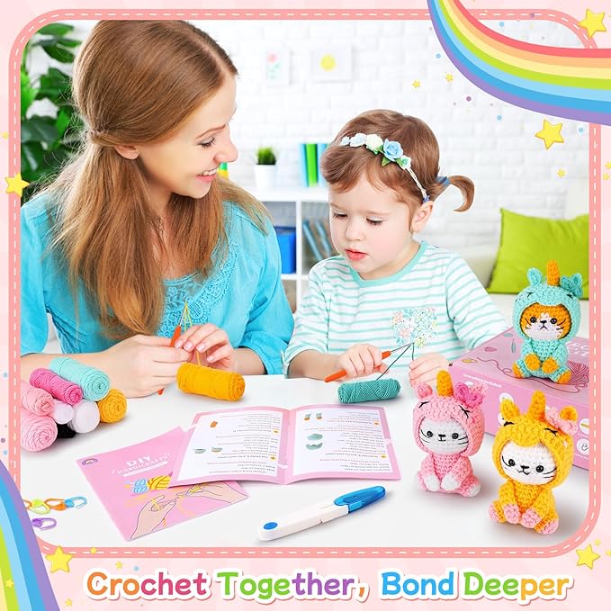 Crochet Kit for Beginners - 3 PCS Unicorn Cat Crochet Kits with Step-by-Step Video Tutorials, Beginner Crochet Kit for Adults Kid, Crochet Animal Kit for Starters, Cat Dressed as Unicorn Set