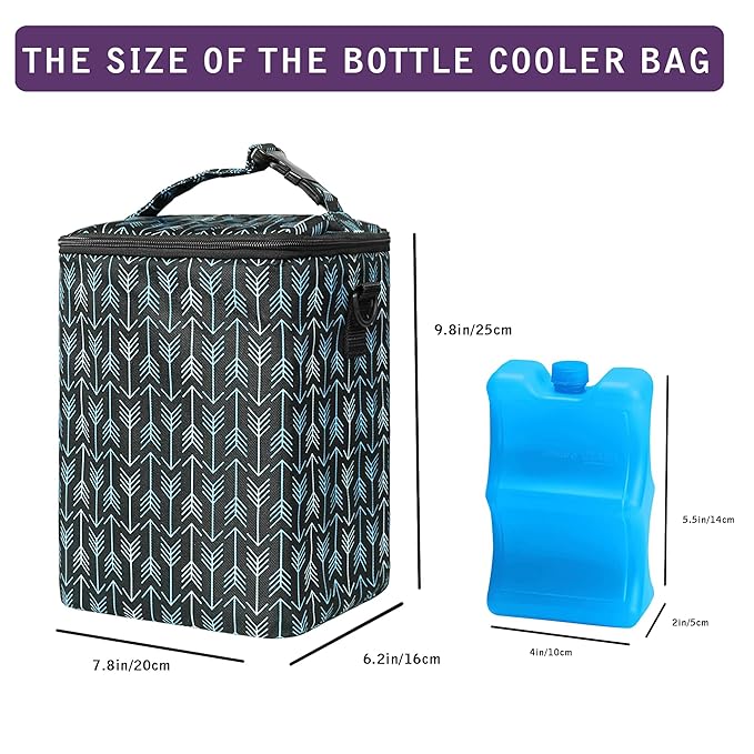 Breastmilk Cooler Bag with Ice Pack Fits 4 Baby Bottles Up to 9 Ounce Insulated Baby Bottle Bag Breast Milk Cooler on The Go with Strap Baby Bottle Cooler Bag for Nursing Mom Daycare or Travel