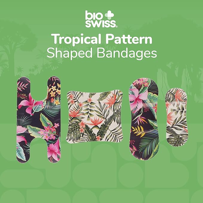 BioSwiss Bandages, Assorted Size Tropical Print Self Adhesive Bandage, Latex Free Sterile Wound Care, First Aid Kit Supplies for Kids and Adults, 60 Count