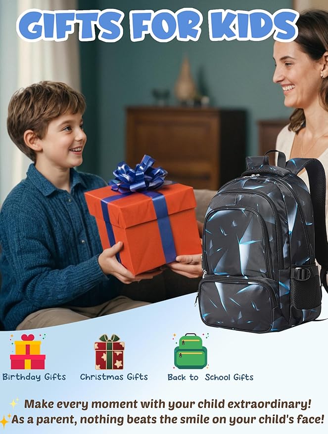 BLUEFAIRY Kids Backpack for Boys Elementary Primary Middle School Bags for Childs Book Bags Bookbags Lightweight Padded Straps Back to School Mochilas para Niños 17" Black/Blue