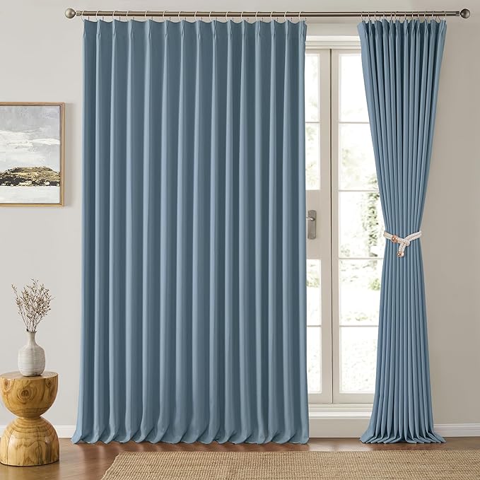 KEQIAOSUOCAI Pinch Pleated Patio Sliding Door Curtains 102 Inch Length, Blackout Room Divider Curtain Drapes for Living Room Dining Room French Door(Dusty Blue, 100 Inch Wide per Panel, 2 Panels)