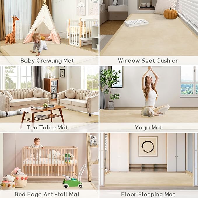 Baby Play Mat for Floor Tummy Time Mat Nursery Rug Muscle Area Playroom Rug Tatami 79"x118" Memory Foam 1.3" Thick Crawling For Babies,Toddlers, Infants, Kids,Floor(Beige)