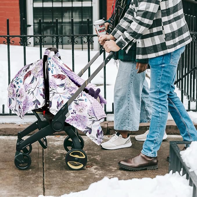 Car Seat Cover Baby, Infant Car Seat Canopy Covers for Newborn Girls Boys, Soft Breathable Mink Carseat Covers Stretchy Multi-Use Nursing Cover for Stroller Baby Car Seat, Purple Flroal