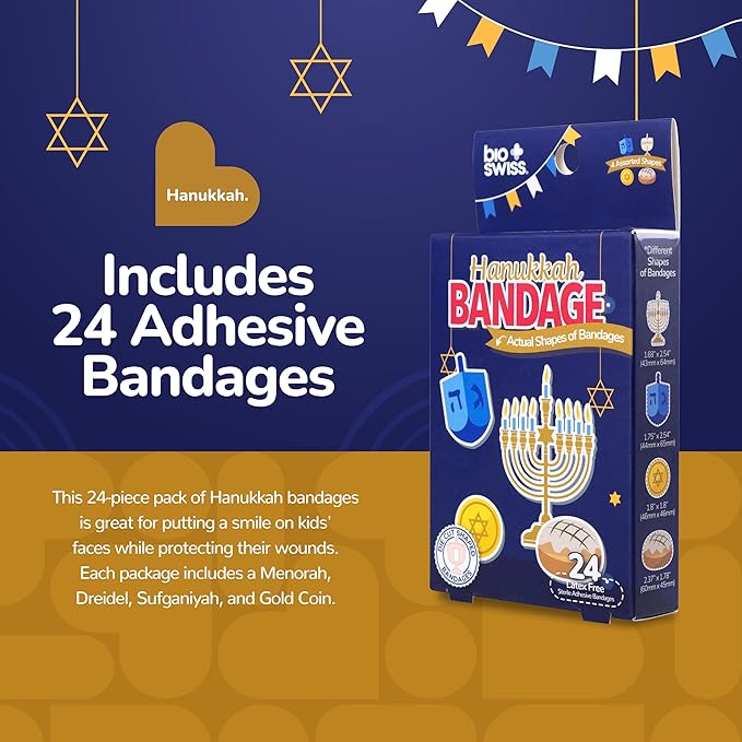 BioSwiss Bandages, Hanukkah Shaped Self Adhesive Bandage, Latex Free Wound Care, Fun First Aid Kit Supplies for Kids and Adults, 24 Count
