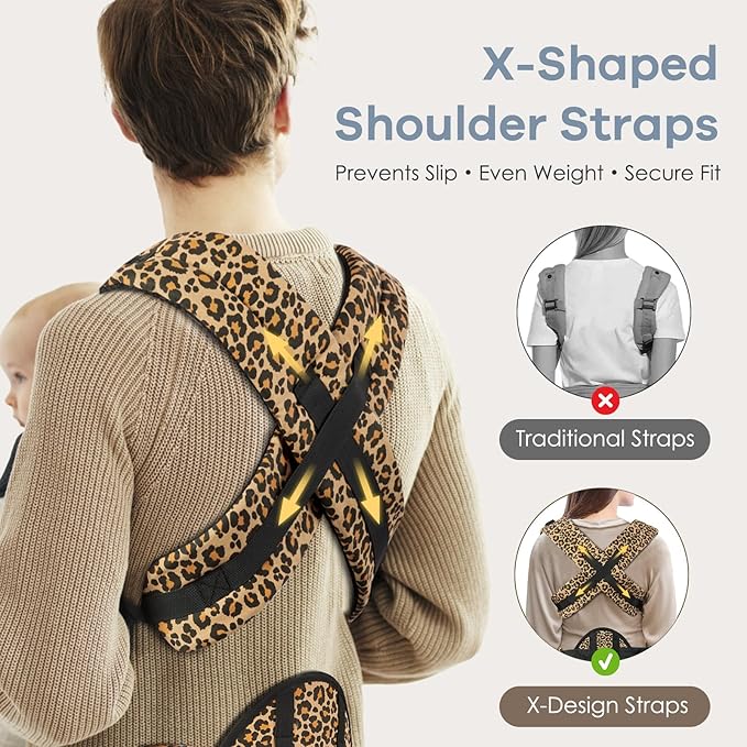 Baby Carrier with Lumbar Support, Cozy Baby Carrier Newborn to Toddler with Adjustable Seat Size, Ergonomic Infant Carrier with 3-Way Carry, Front Facing Toddler Hodler Carrier for Mom & Dad, Leopard