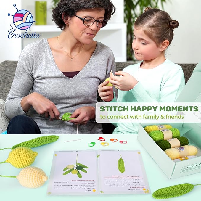 Crochetta Crochet Kit for Beginners, Crochet Kit w Step-by-Step Video Tutorials, Crochet Starter Kit Learn to Crochet Kits for Adults Kids Beginners, 3 Lemons Familly (40%+ Yarn Content)