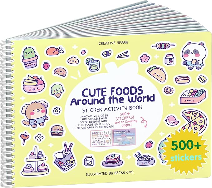 Girly Sticker Book Activity for Kids, Cute Foods Around The World by Cupkin, Toddler Airplane Travel Essentials, 500+ Stickers for Kids 12 Scenes + Coloring Book Pages, Crafts Ages 2-8