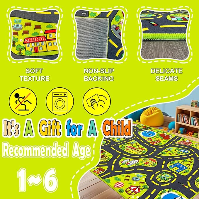 Car Rug for Kids 2.6x5 Feet - City Road Track Rug, Educational Car Floor Mats for Kid Room Playroom Games Room