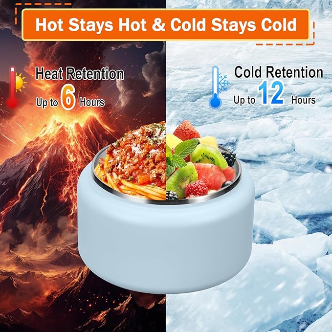 13.5oz Kids Thermos for Hot Food, Insulated Vacuum Food Jar with Buckle Lid, Stainless Steel Wide Mouth Leak Proof Insulated Lunch Container for School Picnic Travel, Blue