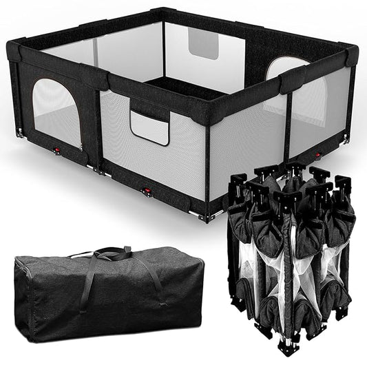 Foldable Baby Playpen with Gate, Extra Large Collapsible Play Yard for Babies & Toddlers, Portable Travel Play Pen with Fence, Safe Activity Center for Indoor & Outdoor Use (59"×71" Black)